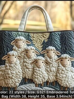 Embroidered Sheep Tote Bag in Cream and Green